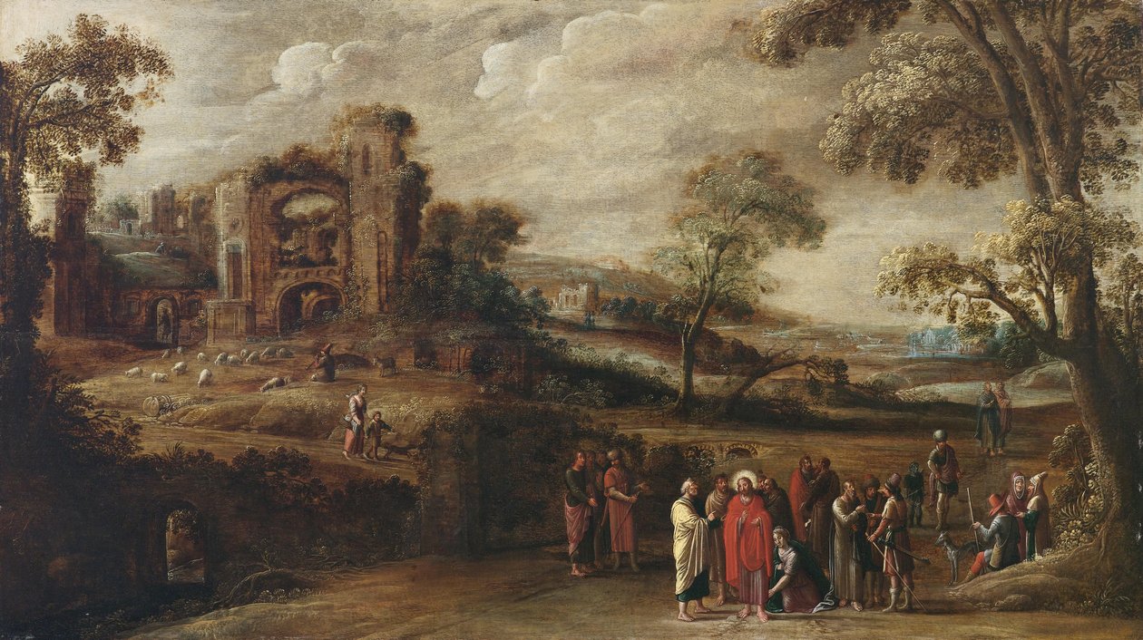 Kristus helbreder den blodige kvinnen av circle of Simon Jordaens