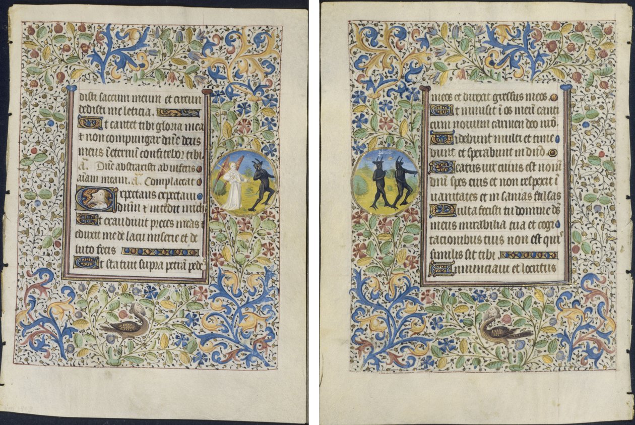 Leaf from a Book of Hours: Angel Chasing a Devil (recto) og Two Devils (verso) av circle of Coëtivy Master