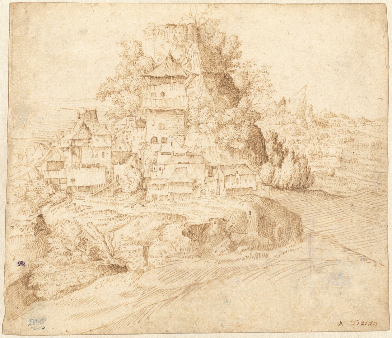 En landsby som ligger ved foten av en høyde (recto) av circle of Giorgione