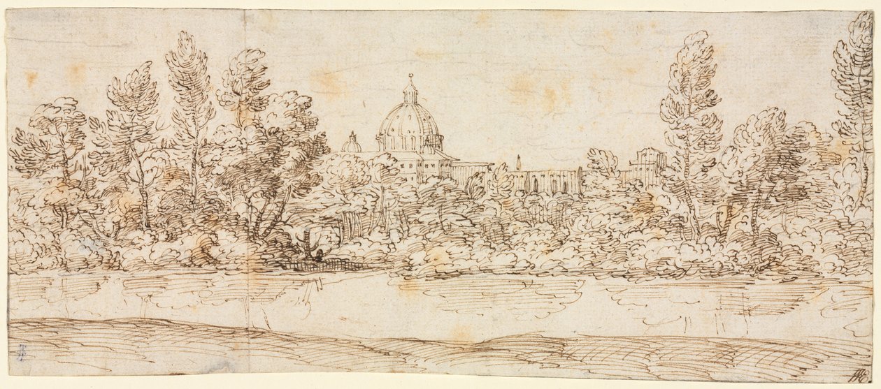 Elvelandskap med utsikt over Peterskirken av circle of Giovanni Francesco Grimaldi