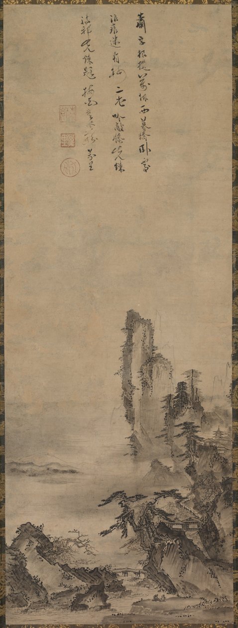 Ensomt tempel og ruvende klippe av circle of Kenkō Shōkei