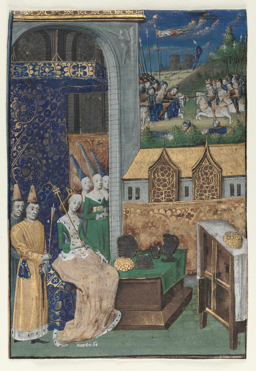 Enkel miniatyr skåret ut fra Boccaccios Des Cleres et nobles femmes: Queen Medusa and Her Court av circle of Maître François
