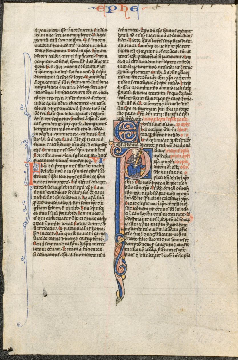 Blad fra en latinsk bibel: Innledende P med St. Paul som holder et sverd (St. Pauls brev til efeserne) av circle or workshop of Johannes Grusch Atelier