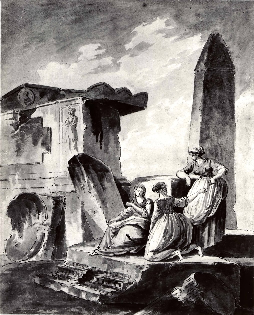 Three Young Girls by Ruins, ca. 1790. av copy after Hubert Robert.