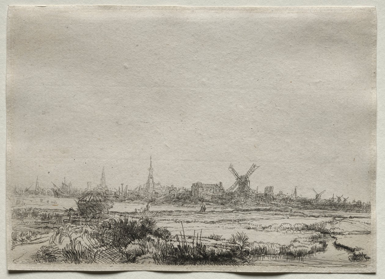 Kopi av utsikt over Amsterdam fra nordvest av copy after Rembrandt van Rijn