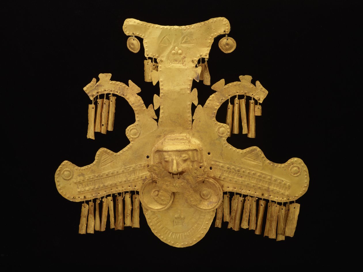 Hodeprydpynt med hoder flankert av krokodiller, Yotoco-perioden, ca. 100-700 (gull) av culture Calima