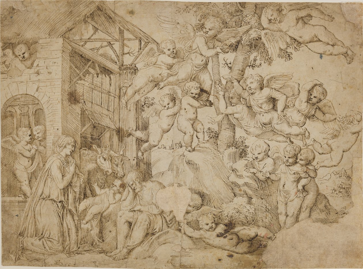 The Adoration of the Christ Child med et kor av putti av dall