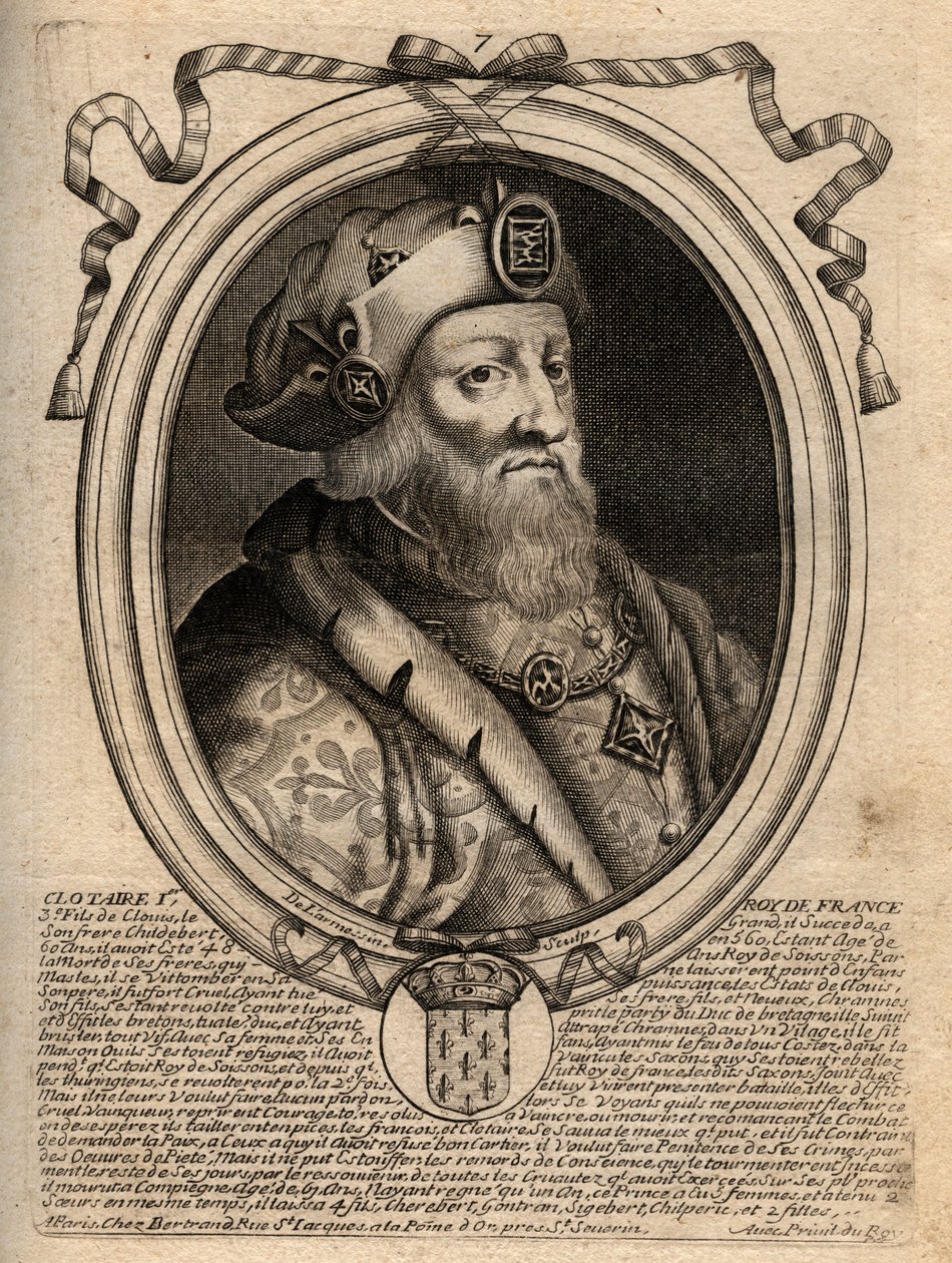 Portrett av Clotaire (Clothaire) I (497 - 561), konge av Neustria og konge av frankerne - Clothar I, konge av frankerne - gravering fra 