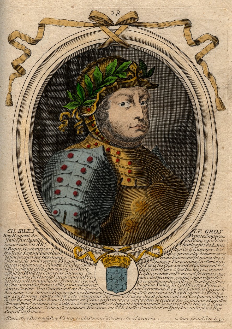 Karolingiske dynasti: Portrett av Charles III Le Gros (839-888) Frankenes konge - Charles III den tykke - gravering fra 'Les Augustes Representations de tous les Kings de France fra Pharamond til Louis XIV', Paris av de Larmessin