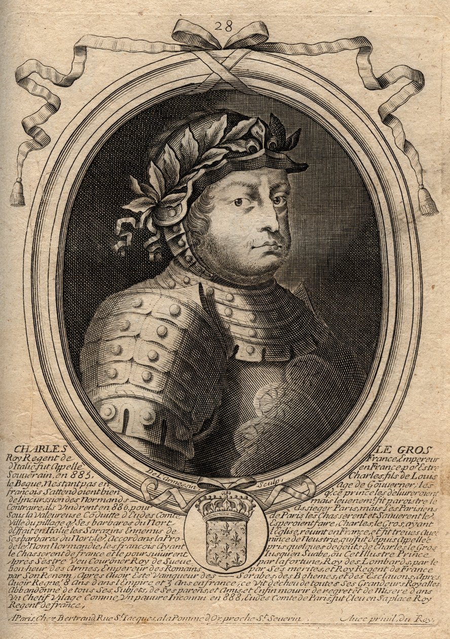 Karolingiske dynasti: Portrett av Charles III Le Gros (839-888) Frankenes konge - Charles III den tykke - gravering fra 