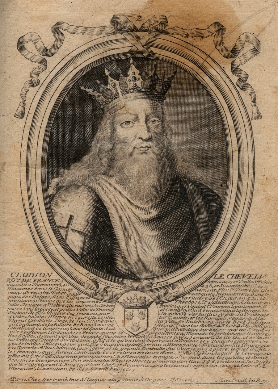 Clodion dit “” Le Chevelu”” (428-448), stamfar til merovingerne, sjef for Salians Francs - Clodion The Hairy (ca. 428-47) konge av en stamme av de saliske frankerne - gravering fra 