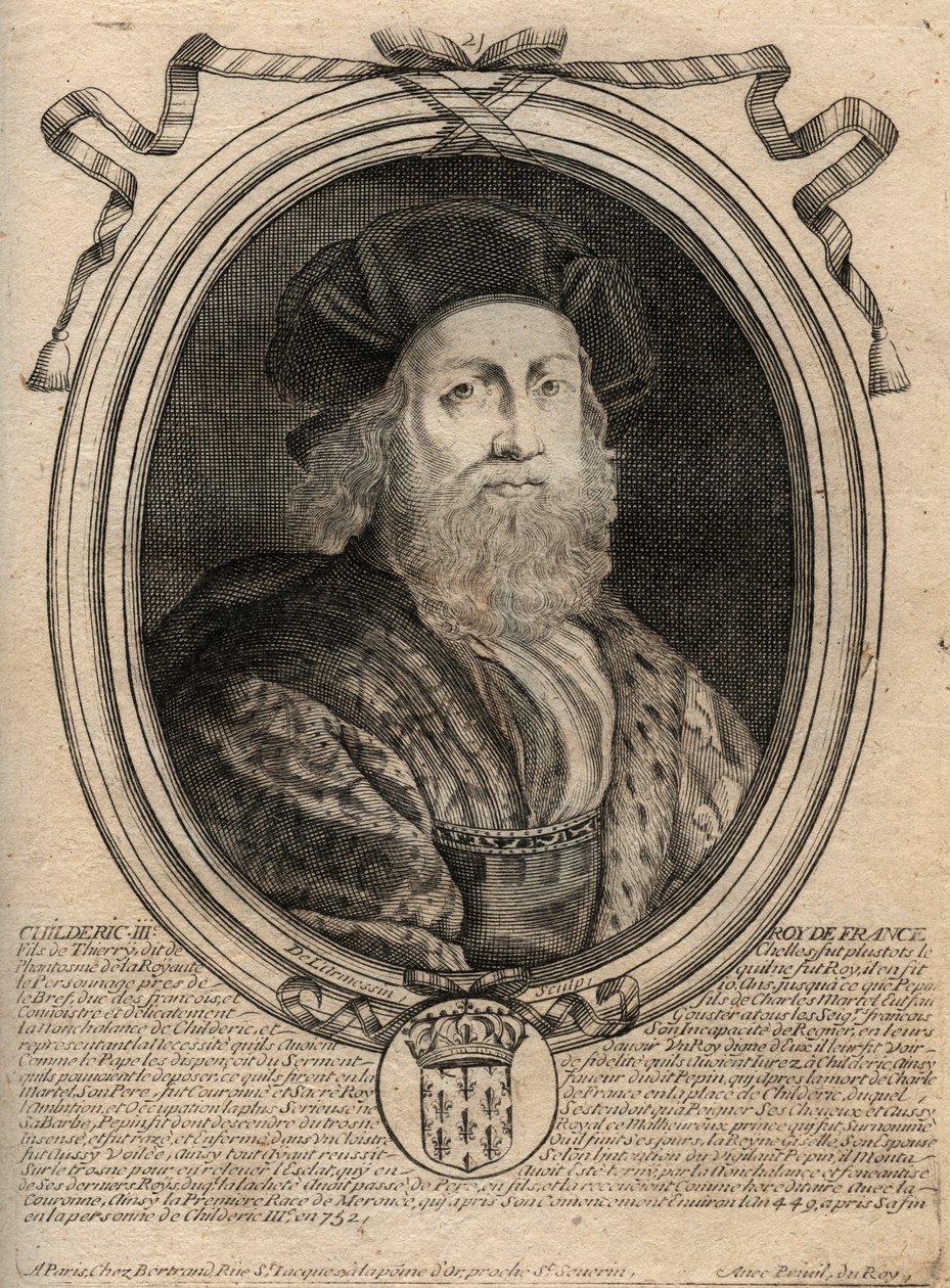 Dynasty of the Merovingians: Portrait of Childeric III (714-755) King of the Franks - CHILDERIC III (d. 754) King of the Franks, 741-751, and last of the Merovingians - engraving from 