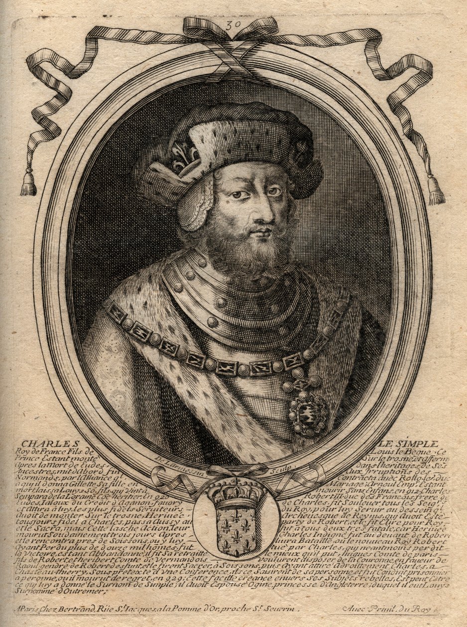 Portrett av Charles III dit le Simple (879-929) konge av frankerne - CHARLES III (879-929) - Karl den enkle - Konge av Frankrike, 893-923 - gravering fra 