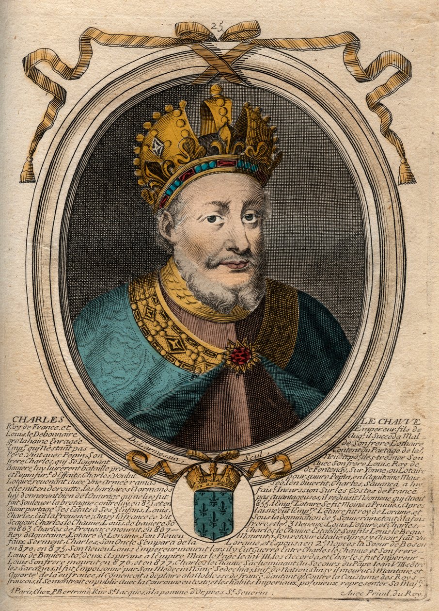 Portrett av Charles II the Bald (823-877), konge av Frankrike - Charles II (823-877) the Bald - gravering fra 