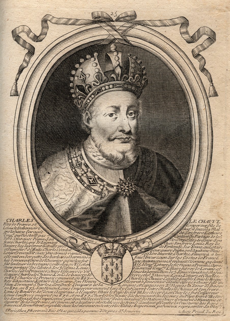 Portrett av Charles II the Bald (823 - 877), konge av Frankrike - Charles II (823-77) the Bald - gravering fra 