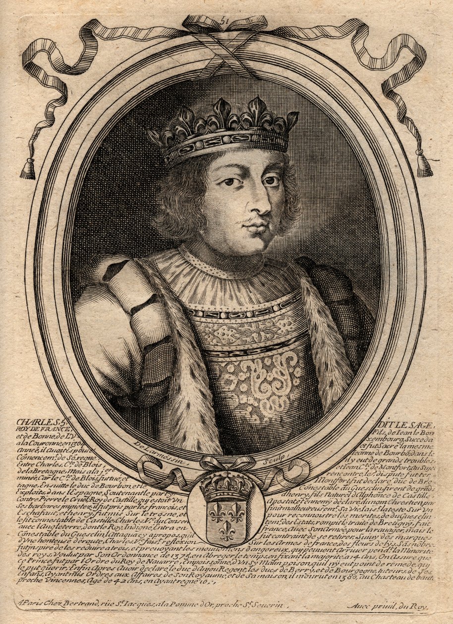 Portrett av Vismannen Karl V (1338 - 1380) - Vismannen Karl V eller Vismannen Karl V, kongen av Frankrike fra huset til Valois - gravering fra 