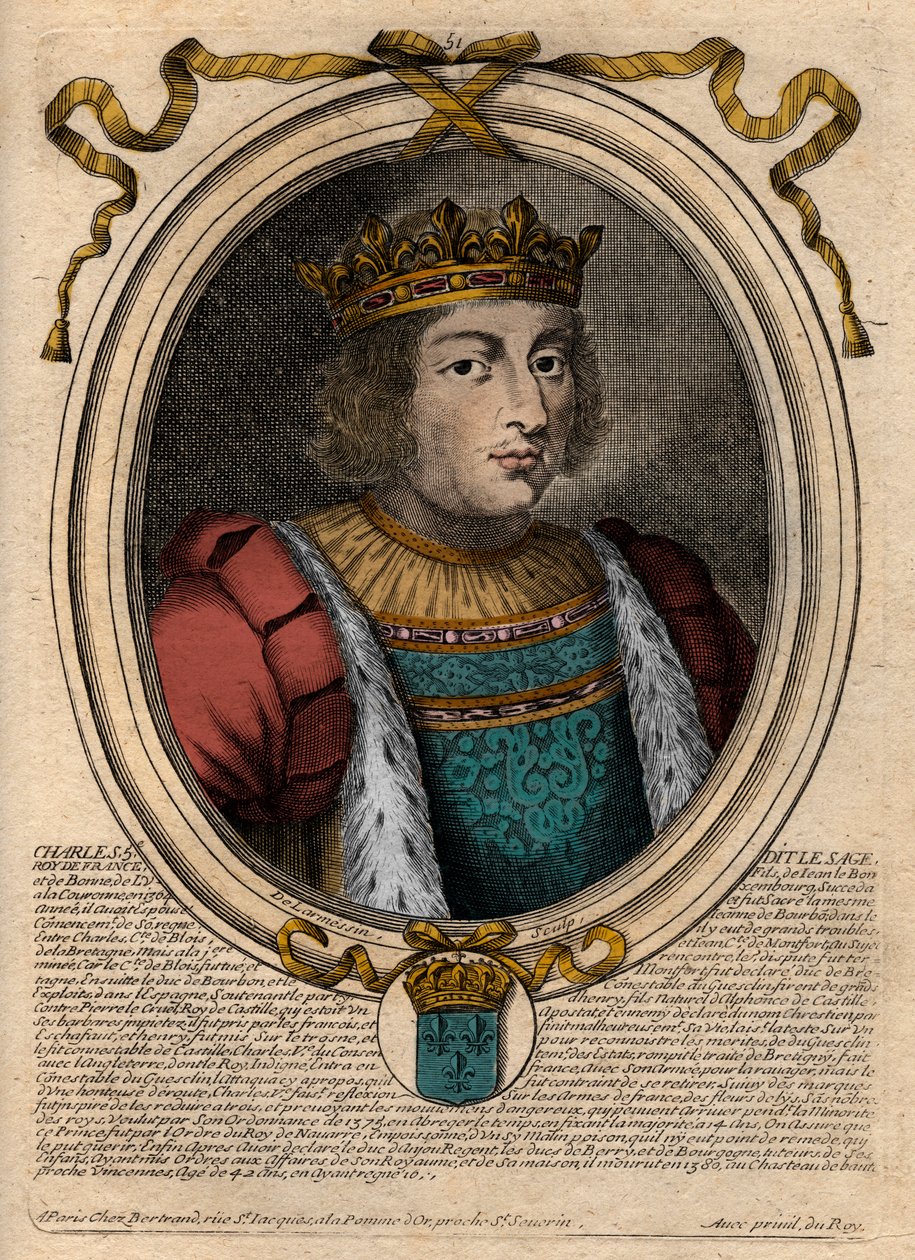 Portrett av Vismannen Karl V (1338 - 1380) - Vismannen Karl V eller Vismannen Karl V, kongen av Frankrike fra huset til Valois - gravering fra 