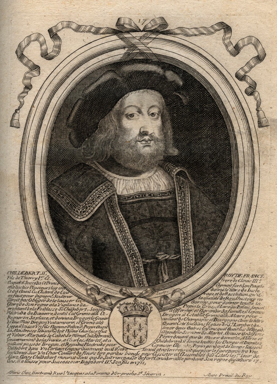 Portrett av Childebert II (ca. 570 - 596), konge av Austrasia - Childebert II 570 til 595 Merovingerkonge av Austrasia - gravering fra 
