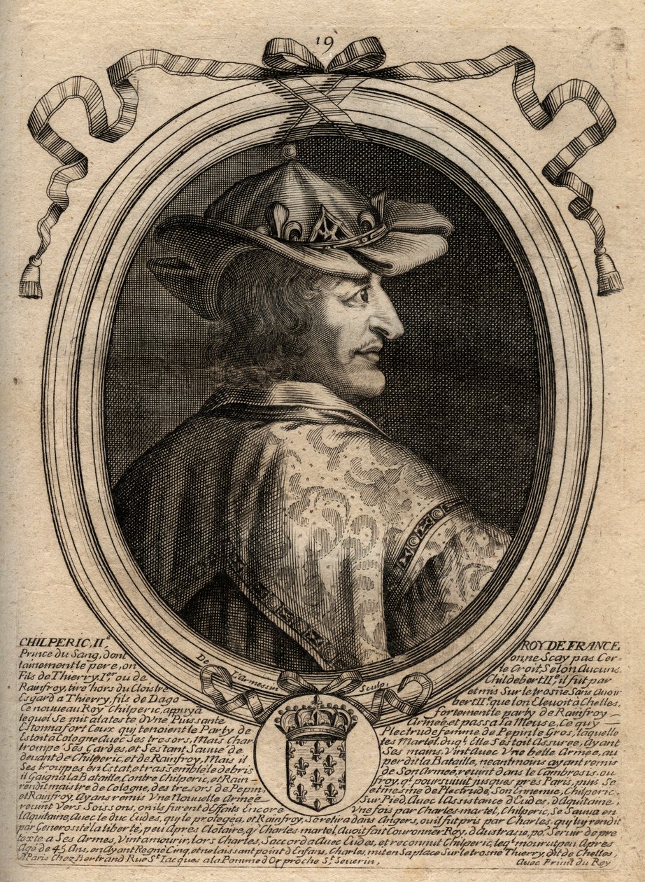 Portrett av Chilperic II (ca. 670 - 721), konge av Neustria - CHILPERIC II konge av frankerne - gravering fra 