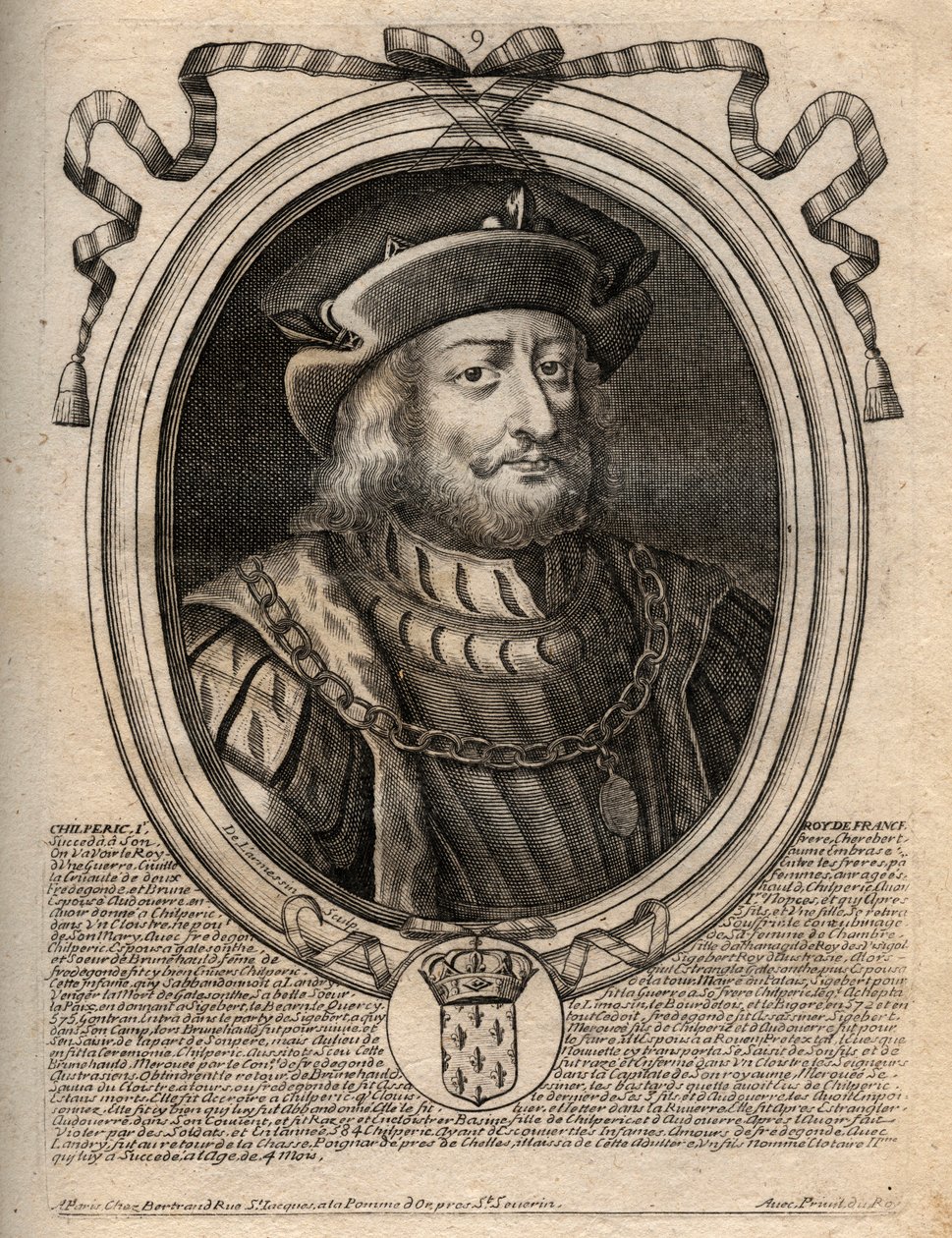 Portrait of Chilperic I (539 - 584), King of Neustria - Chilperic I, Merovingian King of France - engraving from 