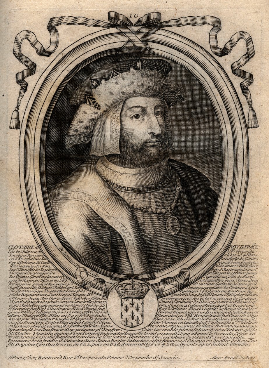 Portrett av Clotaire (Clothaire) II (584 - 628), konge av Neustria og konge av frankerne - Clotaire eller Chlotar II (d.629) Frankenes konge - gravering fra 'Les Augustes Representations de tous les Kings de France fra Pharamond til Louis XIV', Par av de Larmessin