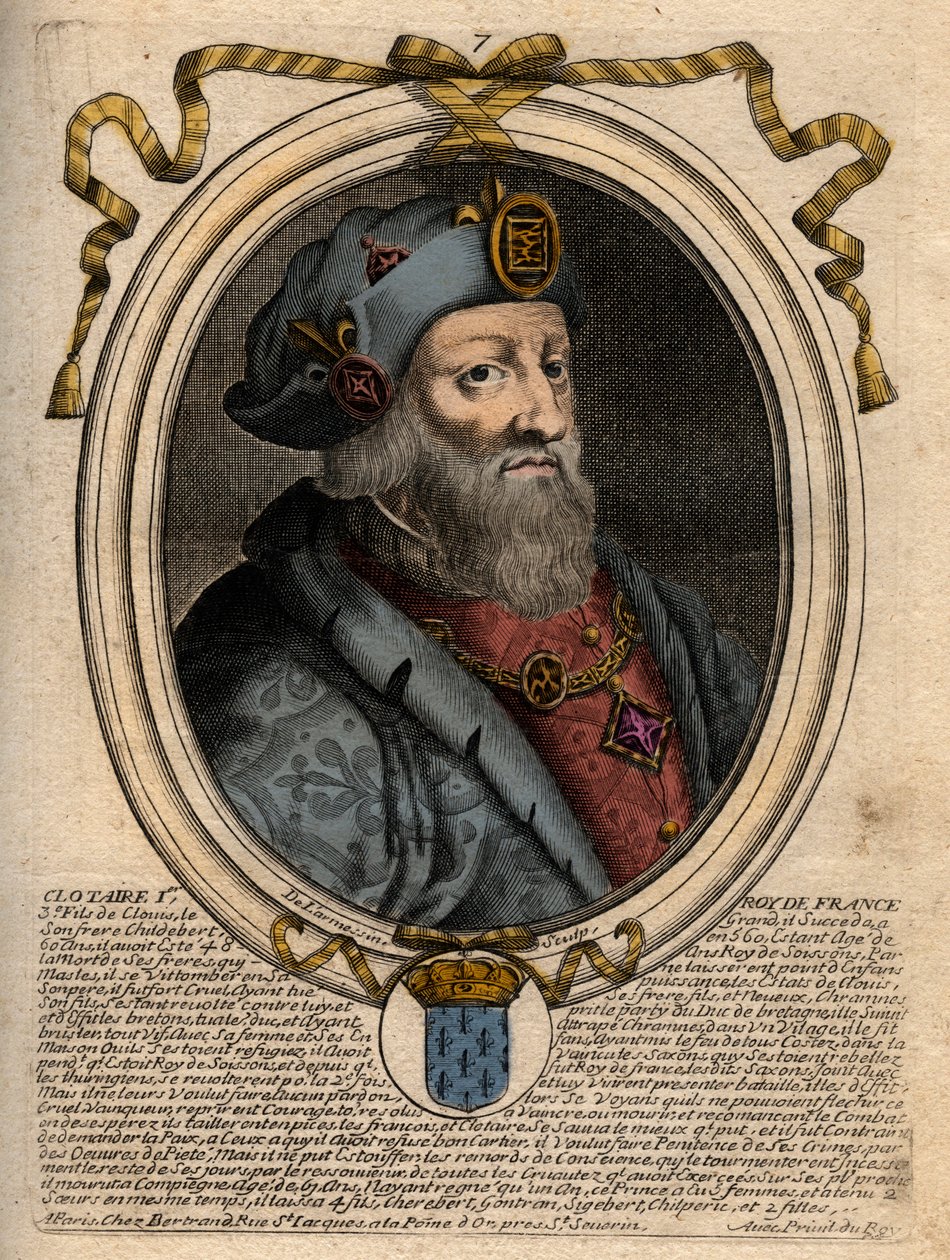 Portrett av Clotaire (Clothaire) I (497-561), konge av Neustria og konge av frankerne - Clothar I, konge av frankerne - gravering fra 