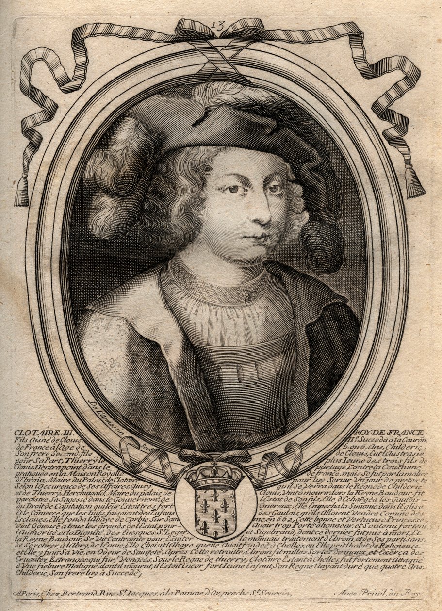 Portrett av Clothaire III (652 - 673), konge av Neustria og Burgund - Chlothar III eller Clotaire III, konge av frankerne fra merovingernes hus - gravering fra 