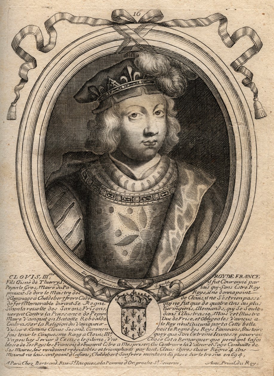 Portrett av Clovis III, kongen av frankene fra 691 til 695 - CLOVIS III Merovingerkonge av Neustria og Austrasia - gravering fra 