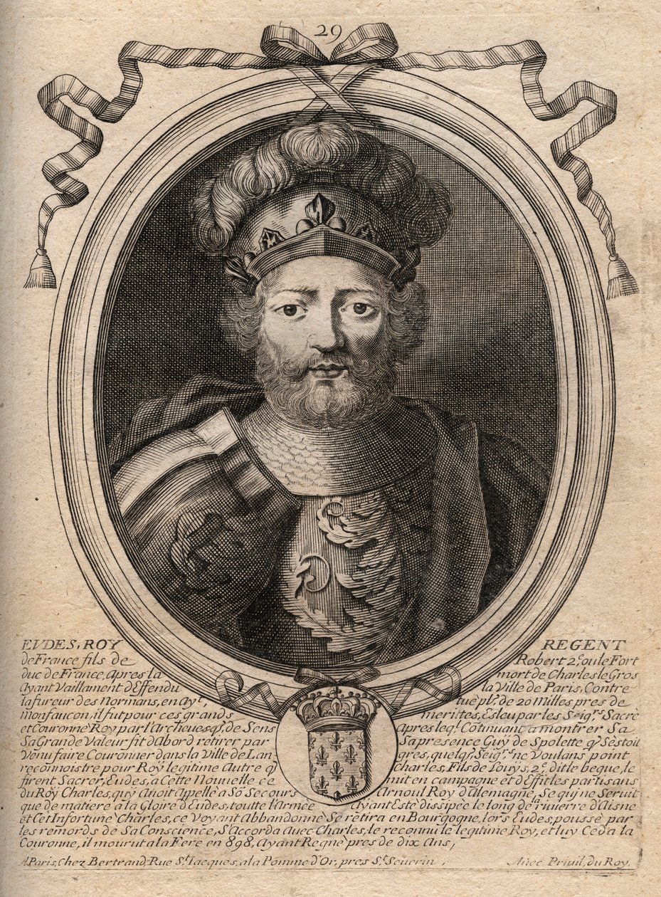 Portrett av Eudes (Odon) (v. 860 - 898), greve av Paris og Troyes, daværende konge av Frankrike - EUDES-greve av Paris valgt til fransk trone etter avsettingen av keiseren Karl - gravering fra 