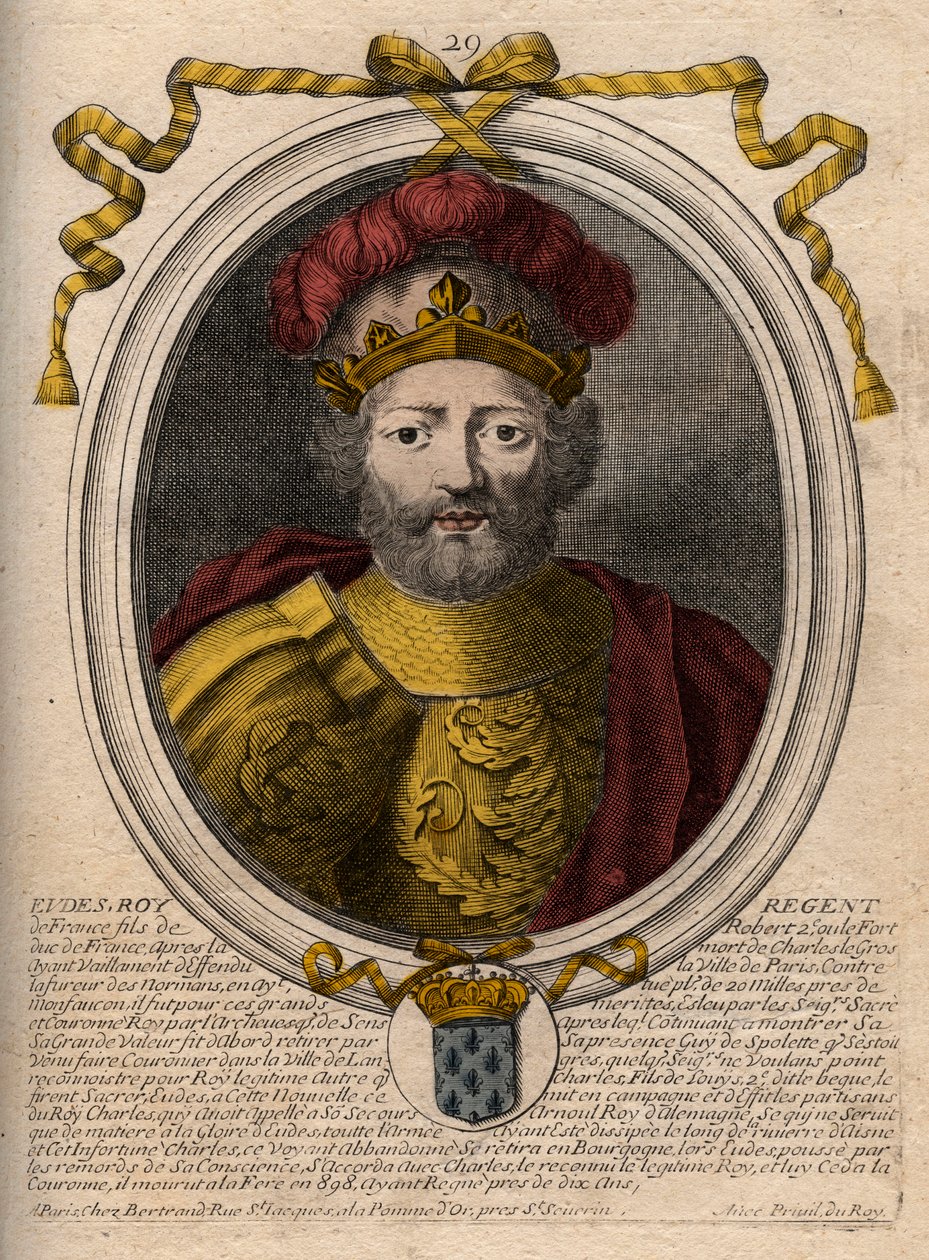 Portrett av Eudes (Odon) (v. 860 - 898), greve av Paris og Troyes, daværende konge av Frankrike - EUDES-greve av Paris valgt til fransk trone etter avsettingen av keiseren Karl - gravering fra 'Les Augustes Representations de tous les Kings de France f av de Larmessin