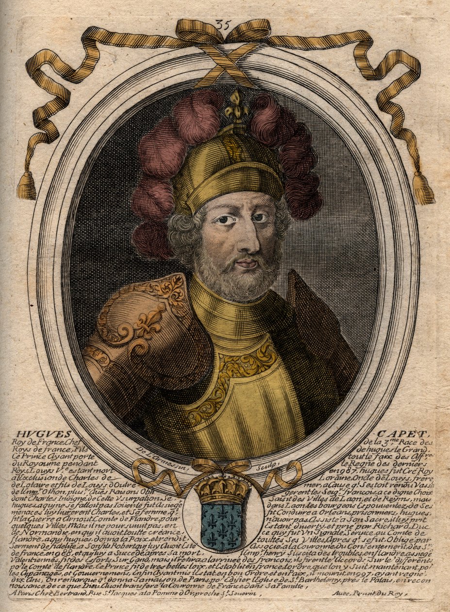 Portrett av Hugues I Capet (ca. 941 - 996), hertug av Frankrike, daværende konge av Frankrike - Portrett av Hugues I Capet (c941-996), konge av Frankrike - gravering fra 