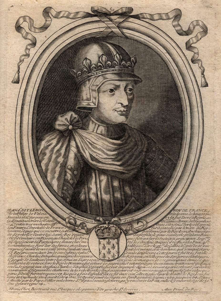 Portrett av Johannes II den gode (1319-1364), konge av Frankrike - Portrett av Johannes II, 'den gode' (1319-64) konge av Frankrike - gravering fra 'Les Augustes Representations de tous les Kings de France fra Pharamond til Louis XIV ', Par av de Larmessin