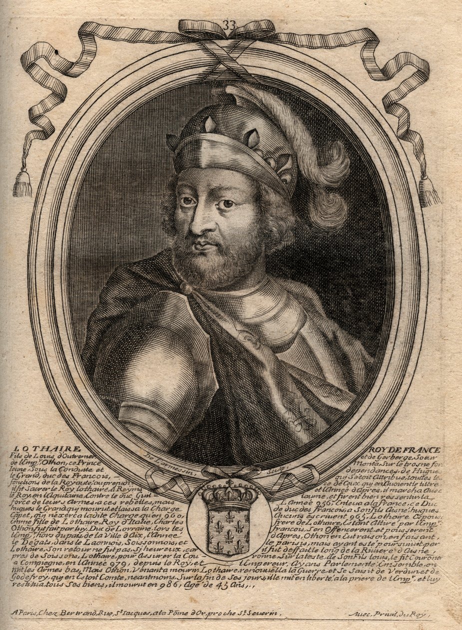Portrett av Lothair (941 - 986), Frankenes konge - Lothair (941-986) Kongen av Frankrike - gravering fra 'Les Augustes Representations de tous les Kings de France fra Pharamond til Louis XIV', Paris av de Larmessin