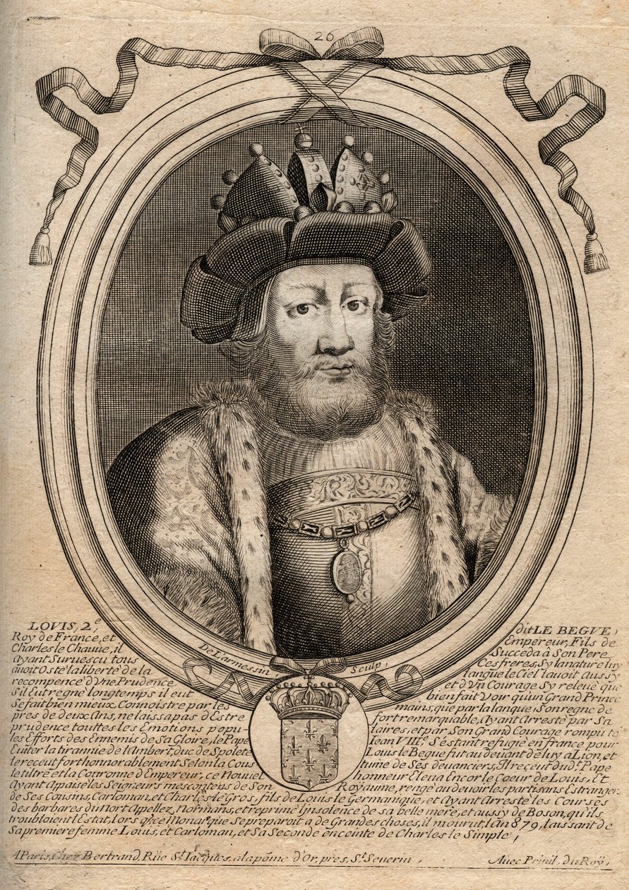 Portrett av Louis II the Begue or the Faineant (846 - 879), Kongen av Francs - Louis II Stammeren 848 til 879 - gravering fra 