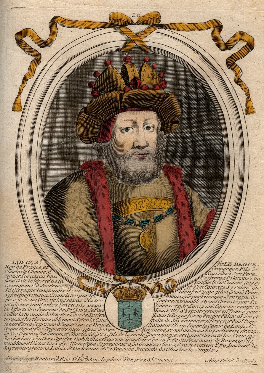 Portrett av Louis II the Begue or the Faineant (846 - 879), kongen av frankene - Louis II Stammeren 848 til 879 - gravering fra 