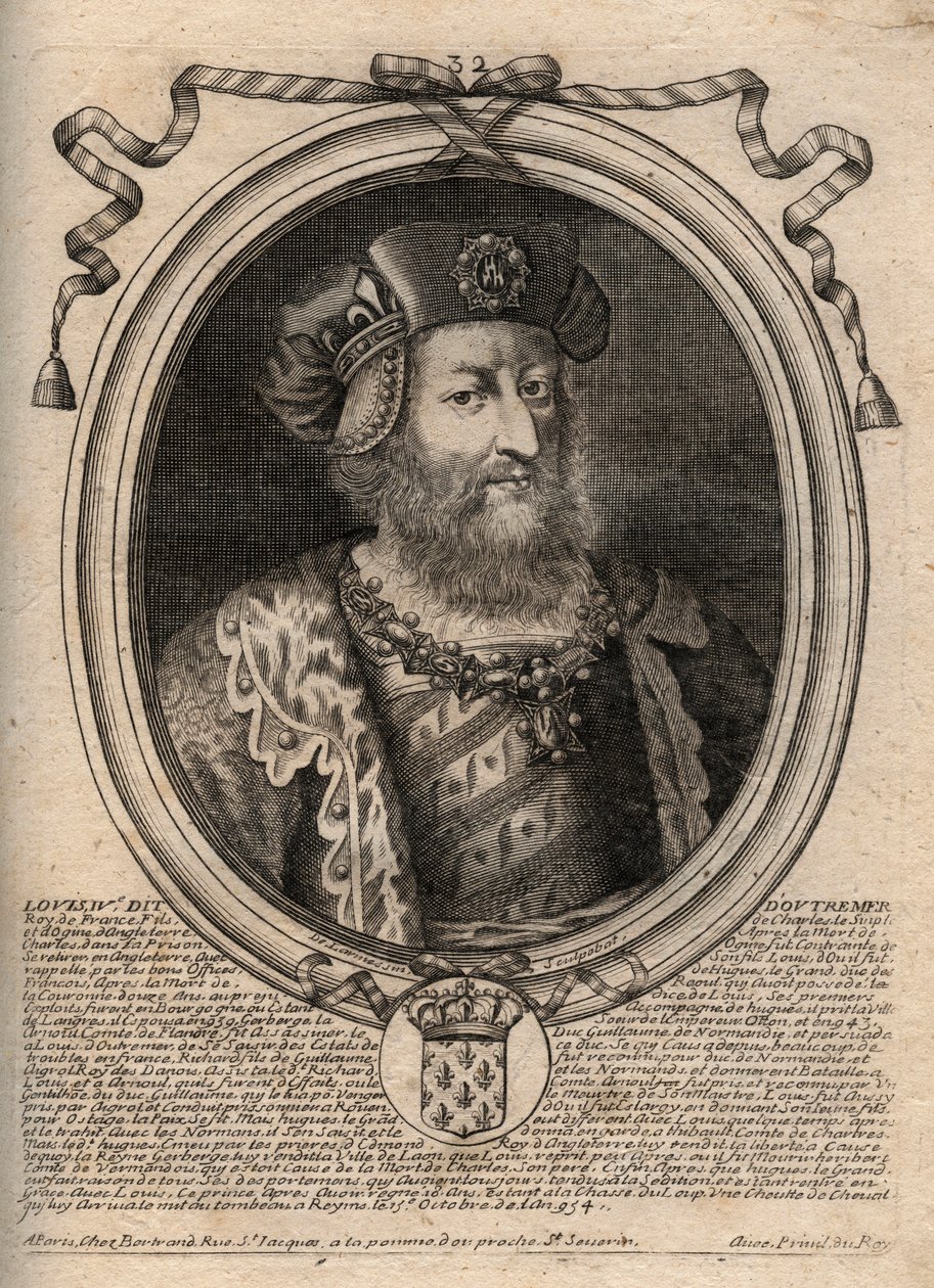 Portrett av Louis IV d'Outremer (d'Outre Mer, d'Outre Mer) (921 - 954), konge av Frankrike - Louis IV kalt d'Outremer eller Transmarinus - gravering fra 'Les Augustes Representations de tous les Kings de France fra Pharamond til Louis X av de Larmessin