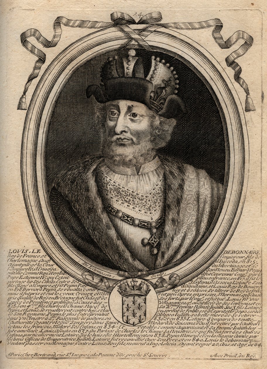 Portrett av Ludvig I den fromme (778-840), konge av Frankrike - Ludvig I den fromme (778-840) hellige romerske keiser - gravering fra 