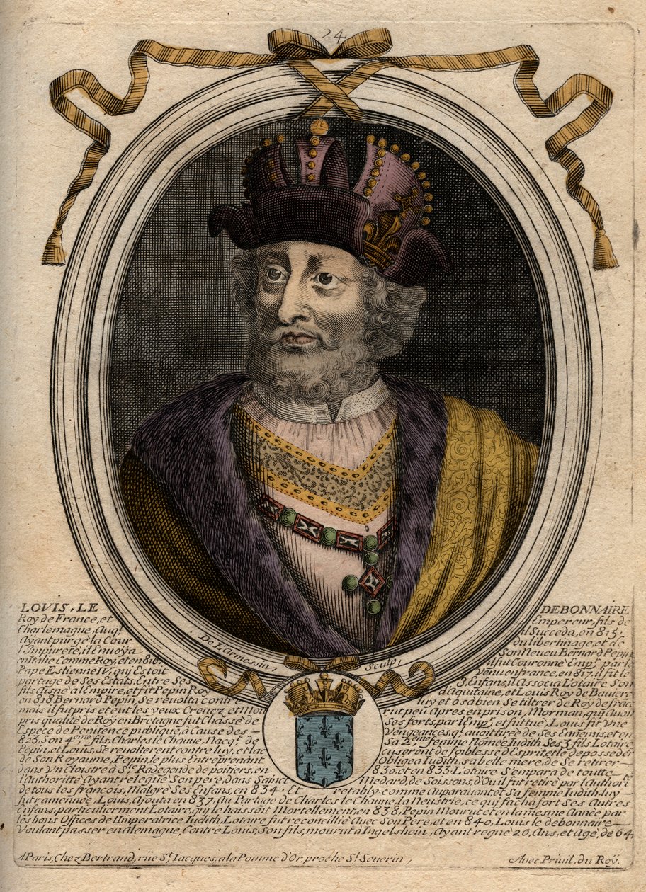 Portrett av Ludvig I den fromme eller "" Debonnaire" (778-840), konge av Frankrike - Ludvig I den fromme (778-840) konge av Frankrike, hellig romersk keiser - gravering fra 'Les Augustes Representations de tous les Kings de France fra Ph av de Larmessin