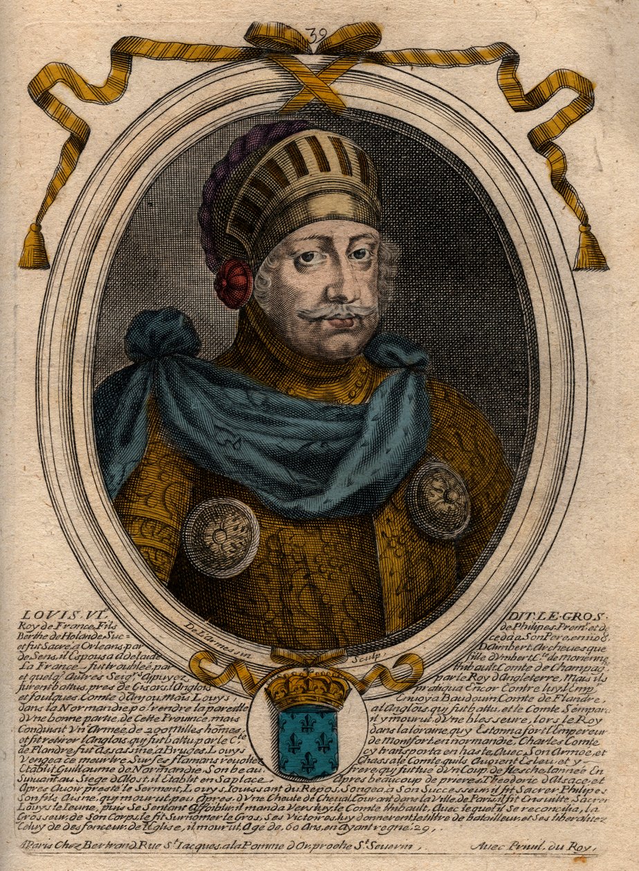 Portrett av Louis VI, kalt The Fat - gravering fra 'Les Augustes Representations de tous les Kings de France fra Pharamond til Louis XIV', Paris av de Larmessin