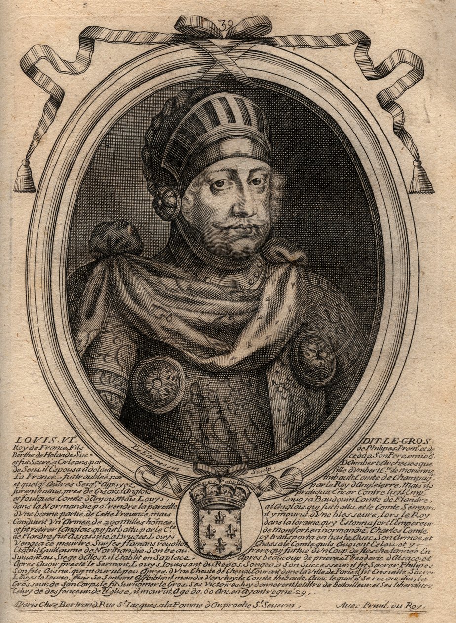 Portrett av Louis VI, kalt The Fat - gravering fra 'Les Augustes Representations de tous les Kings de France fra Pharamond til Louis XIV', Paris av de Larmessin