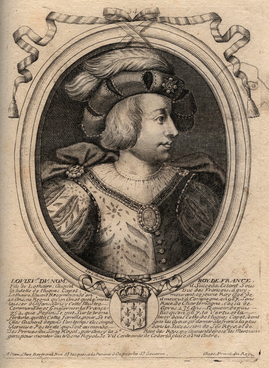Portrett av Louis V the Faineant (967 - 987), konge av Frankrike - Louis V the Indolent (967-987) gravering fra 