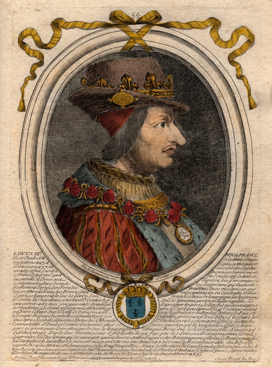 Portrett av Louis XI (1423-1483), konge av Frankrike - Portrett av Louis XI av Frankrike (1423-1483), konge av Frankrike - gravering fra 'Les Augustes Representations de tous les Kings de France fra Pharamond til Louis XIV', Paris av de Larmessin