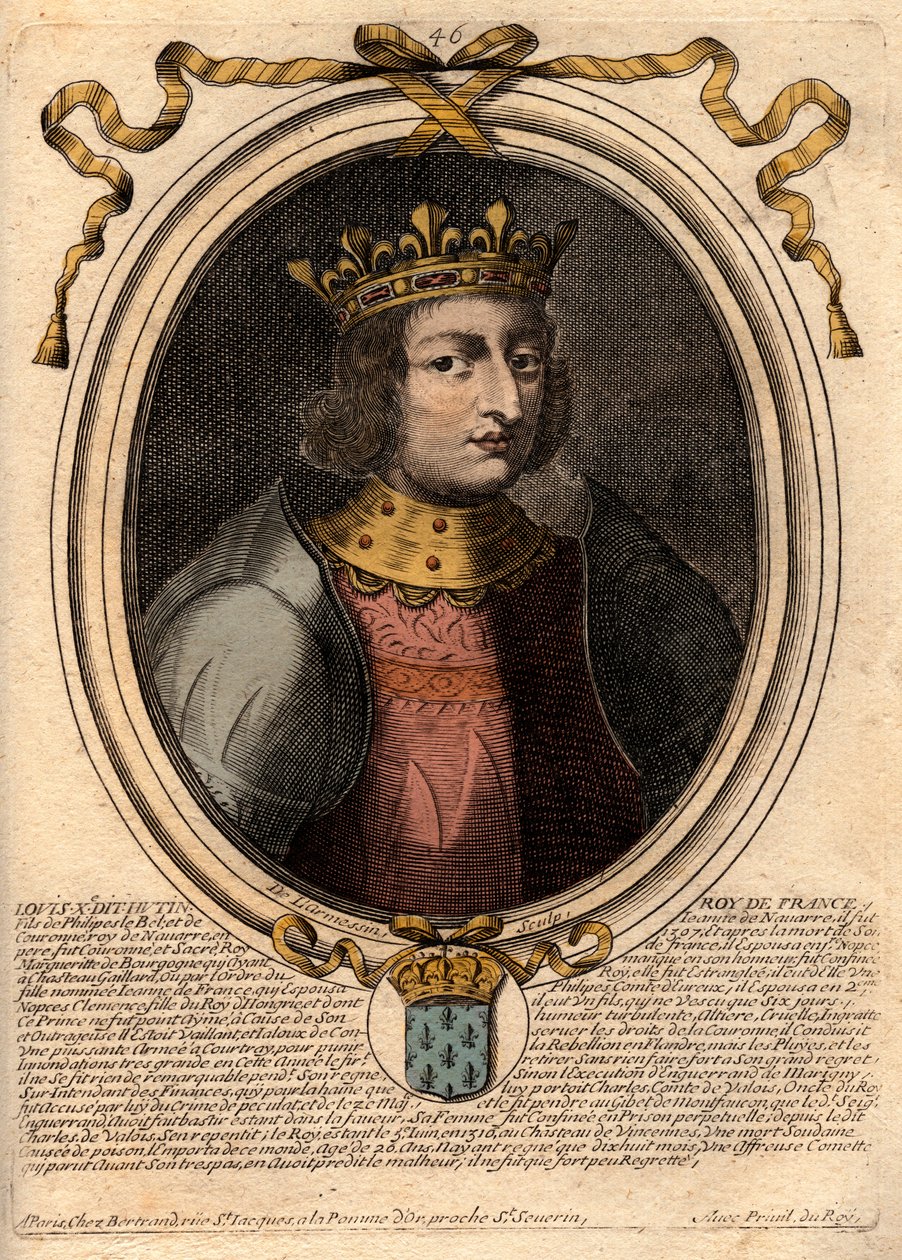 Portrett av Ludvig X Hutin (1289 - 1316), konge av Frankrike - Ludvig X (1289-1316) den sta, konge av Frankrike og Navarra - gravering fra 'Les Augustes Representations de tous les Kings de France fra Pharamond til Louis XIV', Paris av de Larmessin