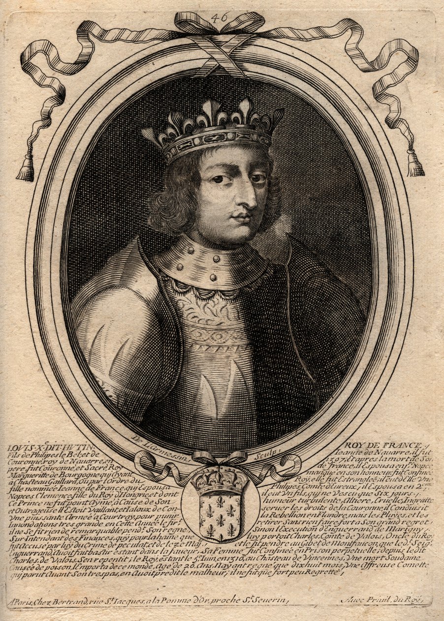 Portrait of Louis X the Hutin (1289 - 1316), King of France - Louis X (1289-1316) the Stubborn, King of France and Navarre - engraving from 