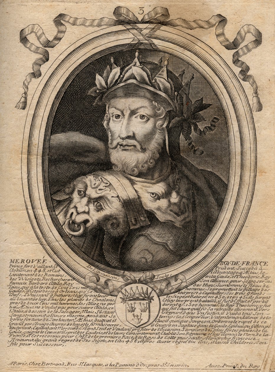 Portrett av Merovech (Meroveus) (d.456) Kongen av Salian Franks - gravering fra 