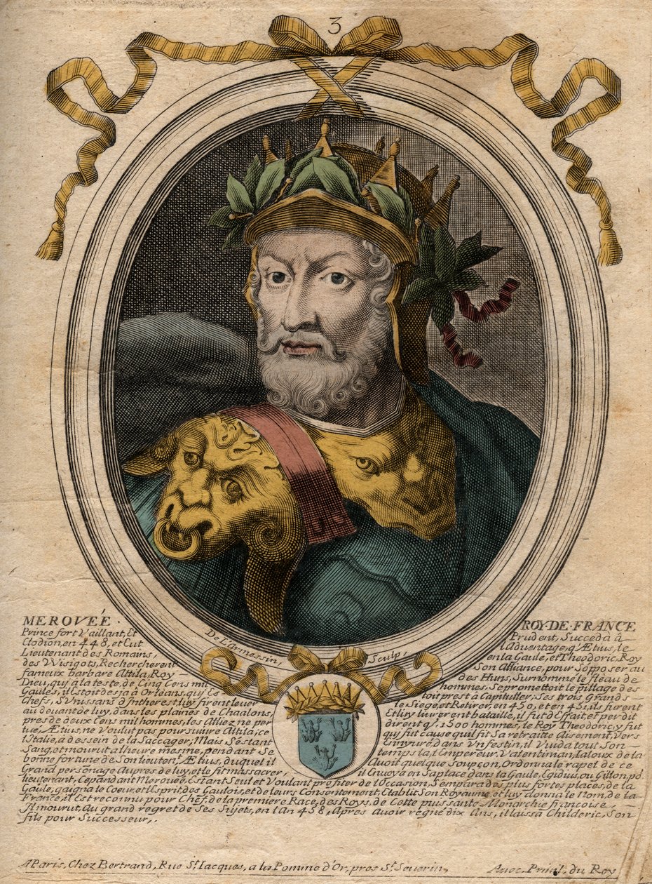 Portrett av Merovee eller Merovech, frankkonge (v448-v458), første konge av den merovingerske rase - Portrett av Merovech (Meroveus) (d456) Kongen av de saliske frankerne - gravering fra 