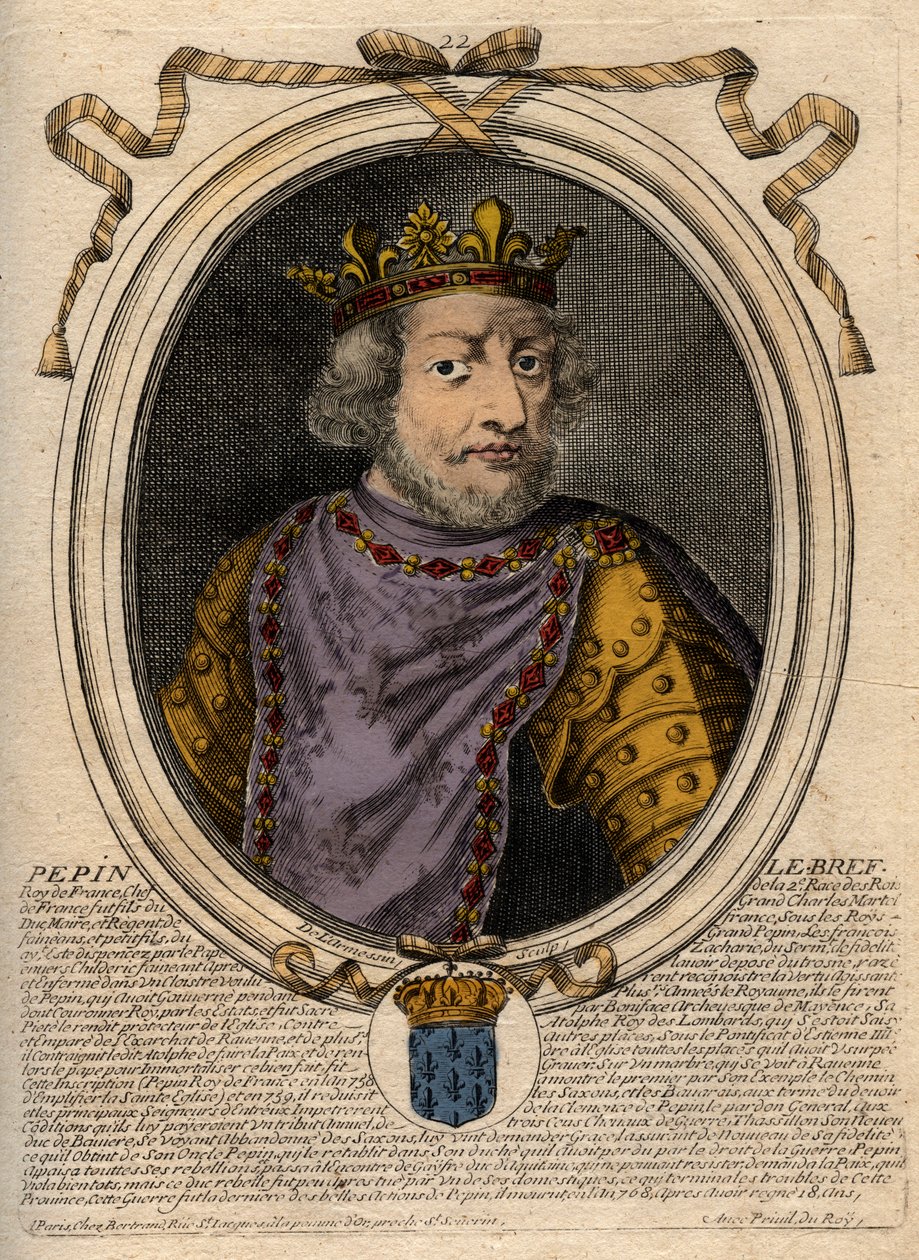 Portrett av Pepin III dit Pepin le Brief (714-768) konge av Frankrike - Pepin III (714-768) (Pepin den korte) Frankenes konge - gravering fra 