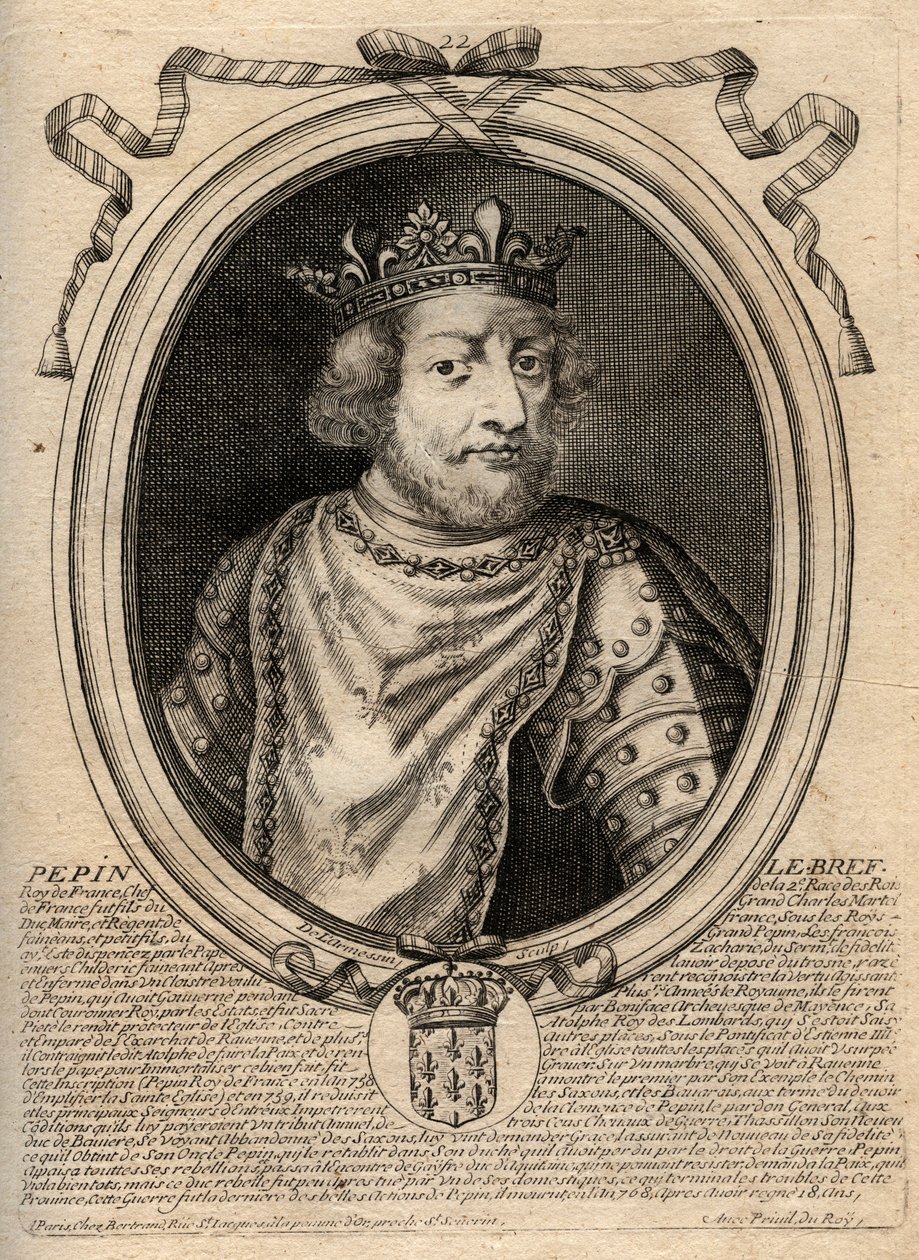 Portrett av Pepin III dit Pepin le Brief (714-768) konge av Frankrike - Pepin III (714-68) (Pepin den korte) Frankens konge - gravering fra 