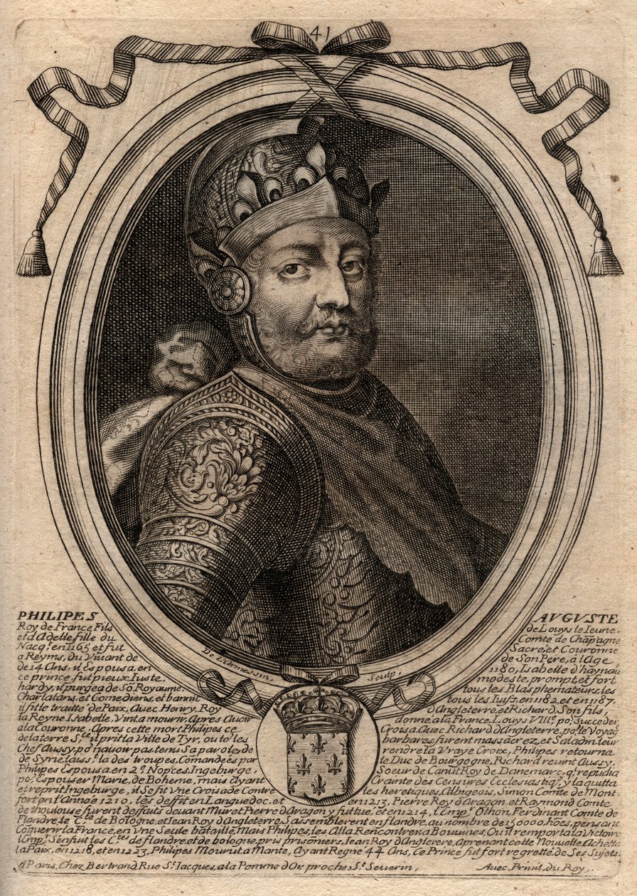 Portrett av Philip II dit Philippe Auguste (1165-1223) - Philip Augustus II (1165-1223) Konge av Frankrike - gravering fra 