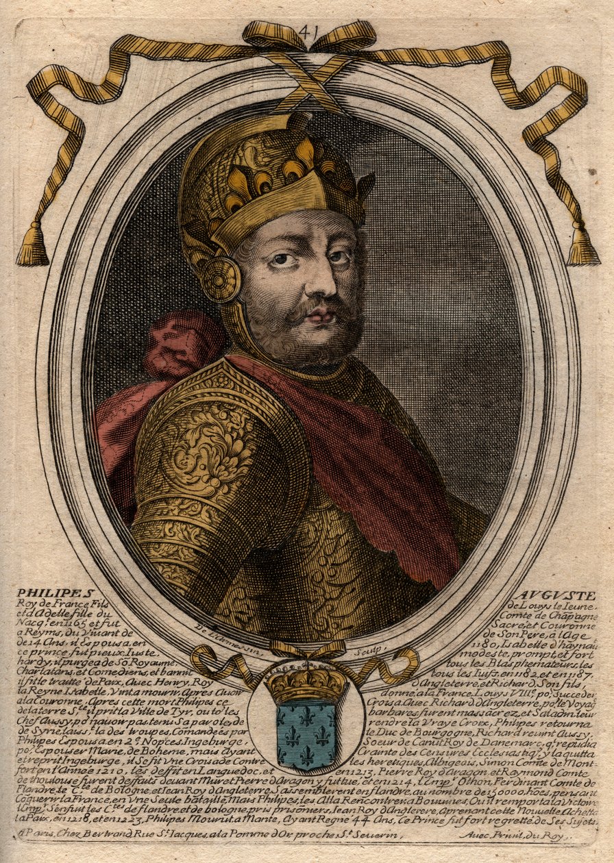 Portrett av Philip II dit Philippe Auguste (1165-1223) - Philip Augustus II (1165-1223) Konge av Frankrike - gravering fra 